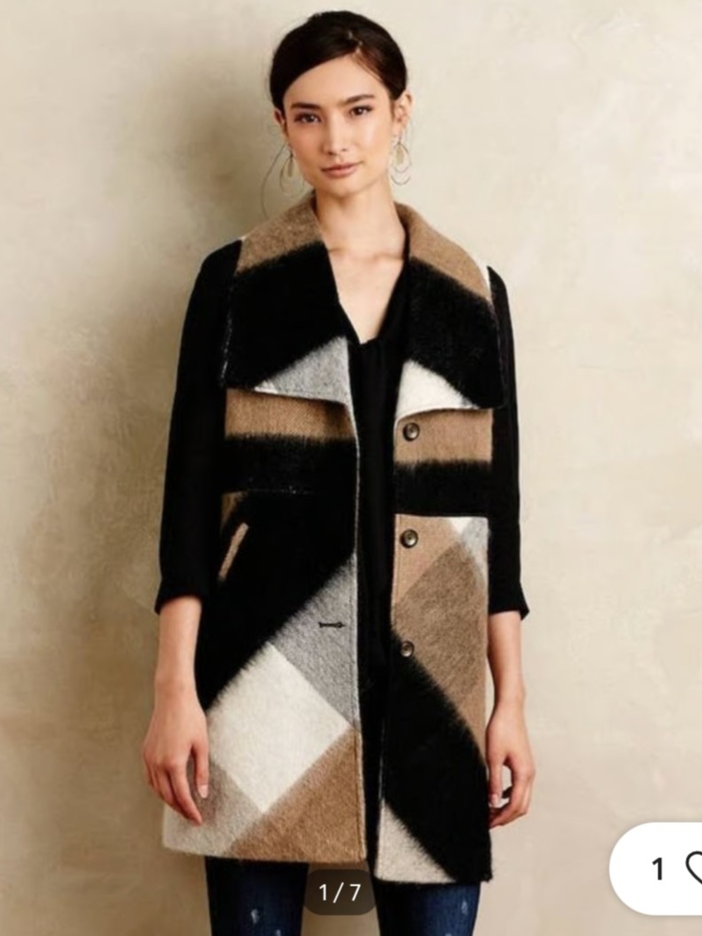 Elevenses by Anthropologie Womens Black & Tan Colorblock Wool-Blend Coat Vest